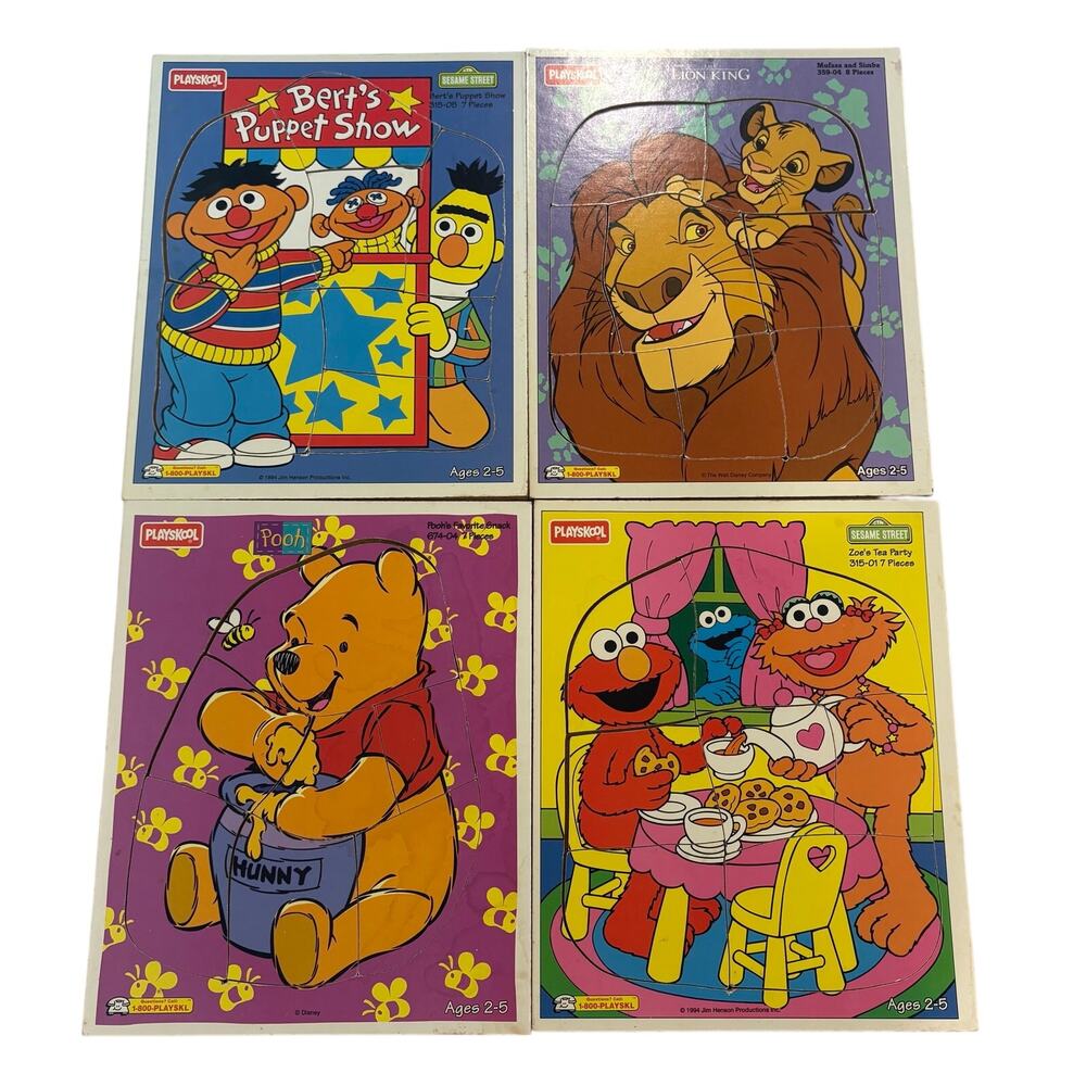 VNTG 1994 Playskool Wooden Puzzles Lot Sesame Street Lion King Winnie the Pooh